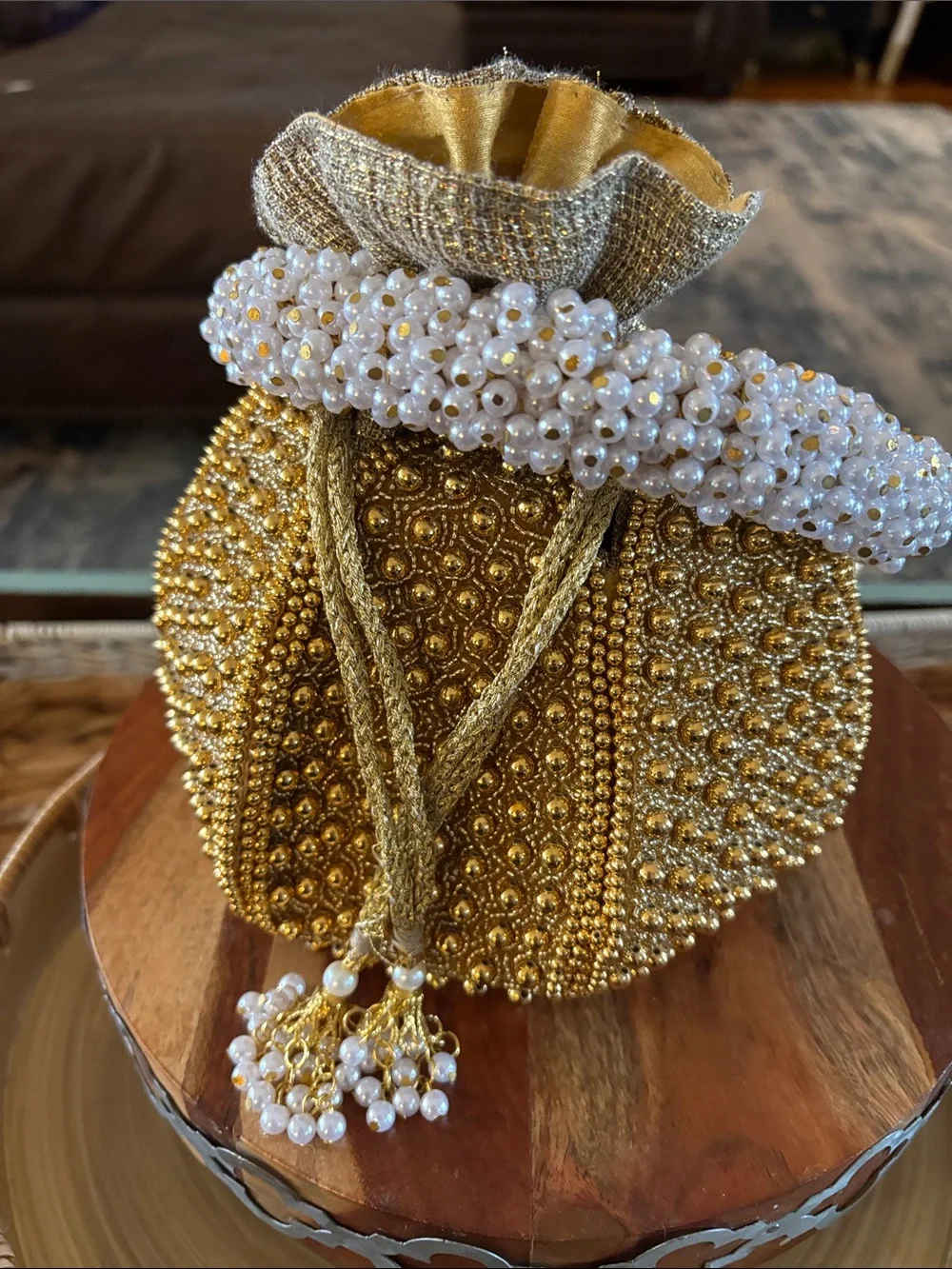 Gold Pearl-Trimmed ramla Clutch